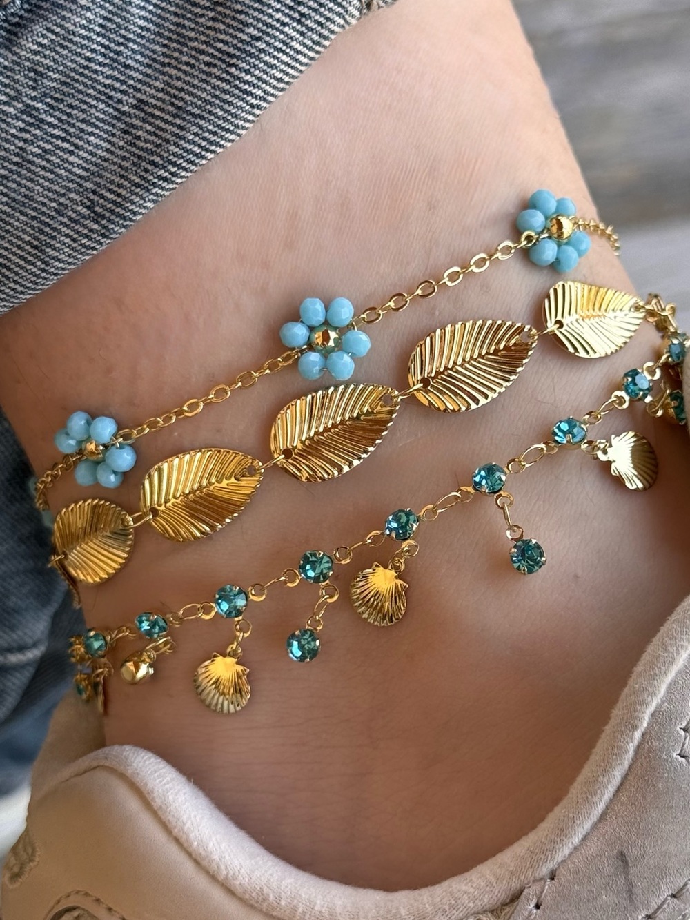 3/$40! Blue Crystal Flower 14k Gold Plated Anklet Water Resistant Summer Jewelry